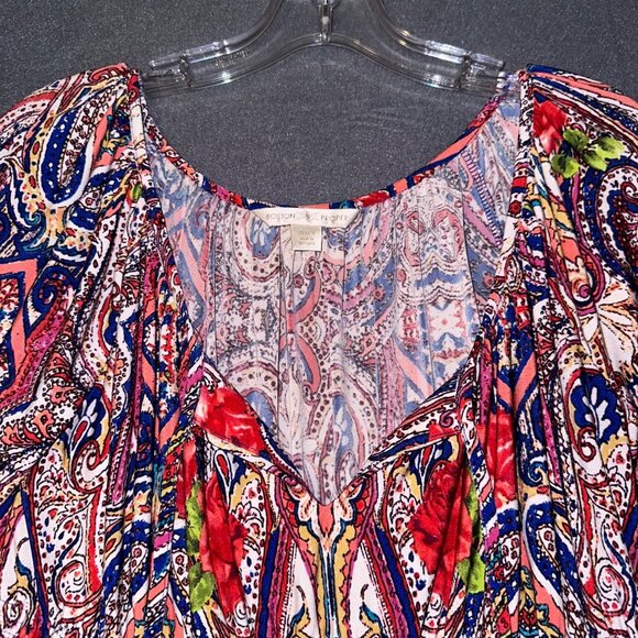 Boston Proper‎ Womens Mirror Print Knit Blouse Tie at Neck Bell Sleeve Small - Picture 4 of 8